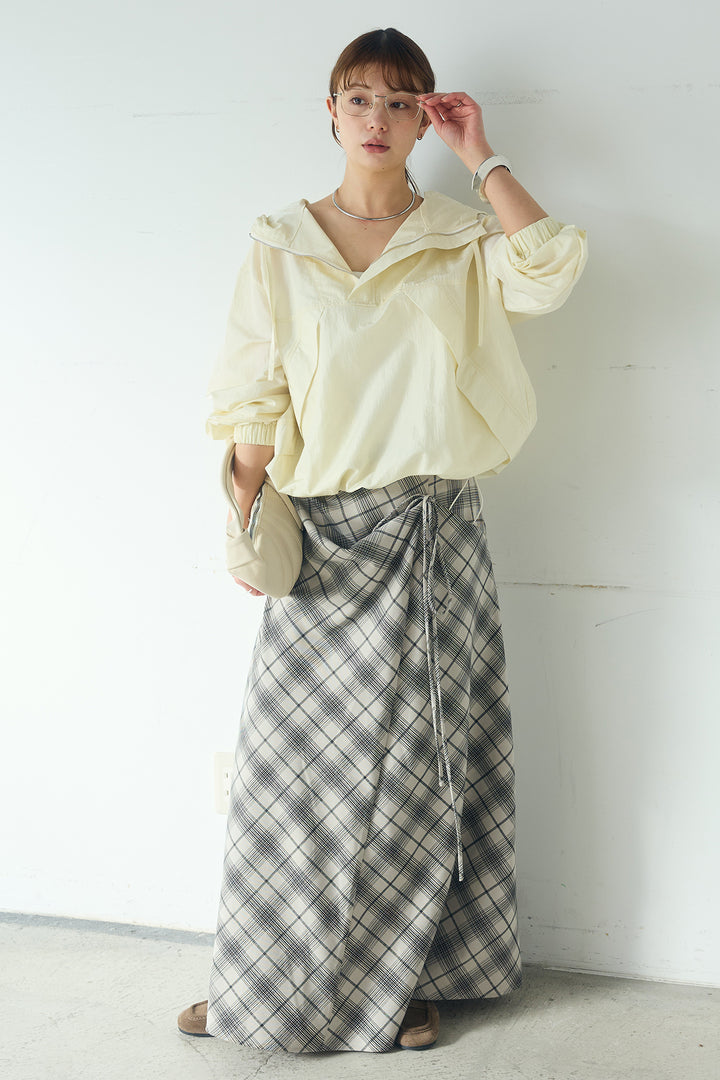 [SET]ナイロンフーディーブルゾンアウター+タータンチェック柄フロントデザインスカート(2set)