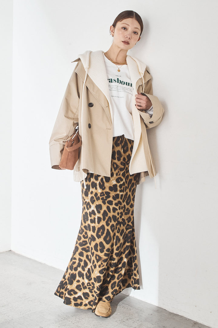 [SET]ナイロントレンチコート+レオパードサテンナロースカート(2set)