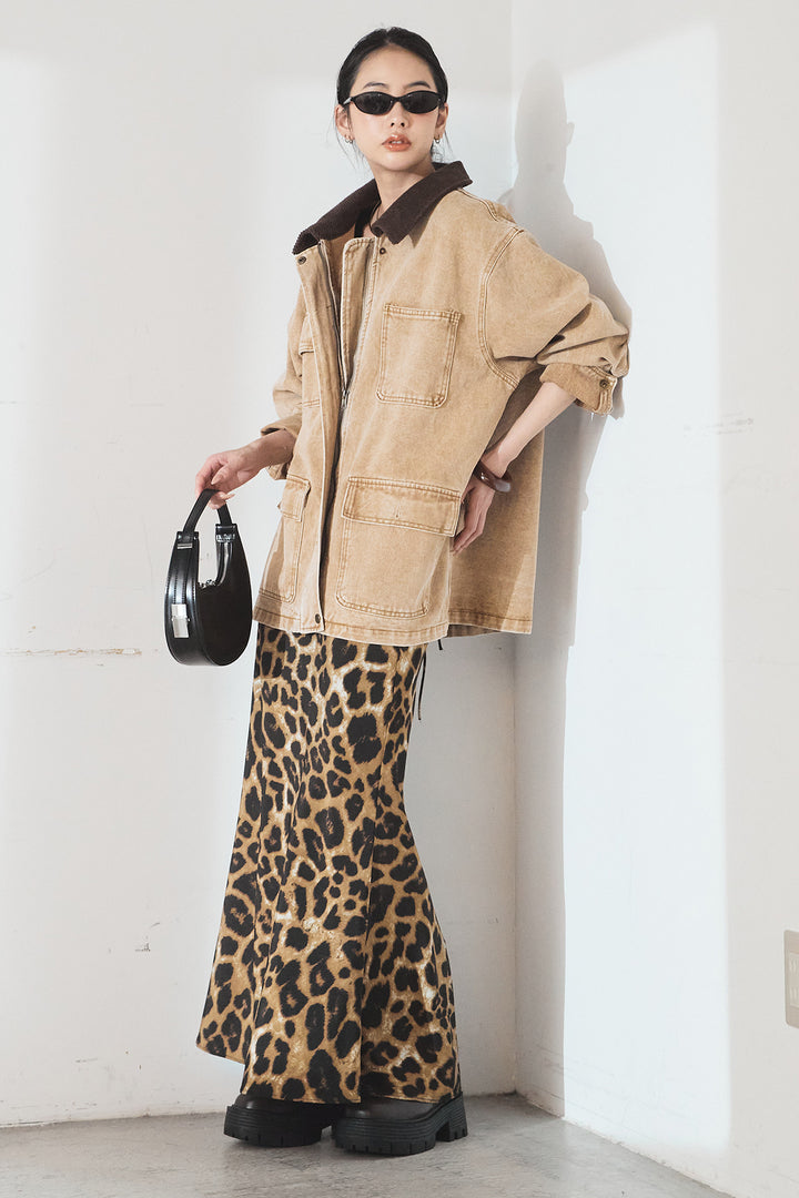 [SET]襟コーデュロイジップデニム調カバーオール+レオパードサテンナロースカート(2set)
