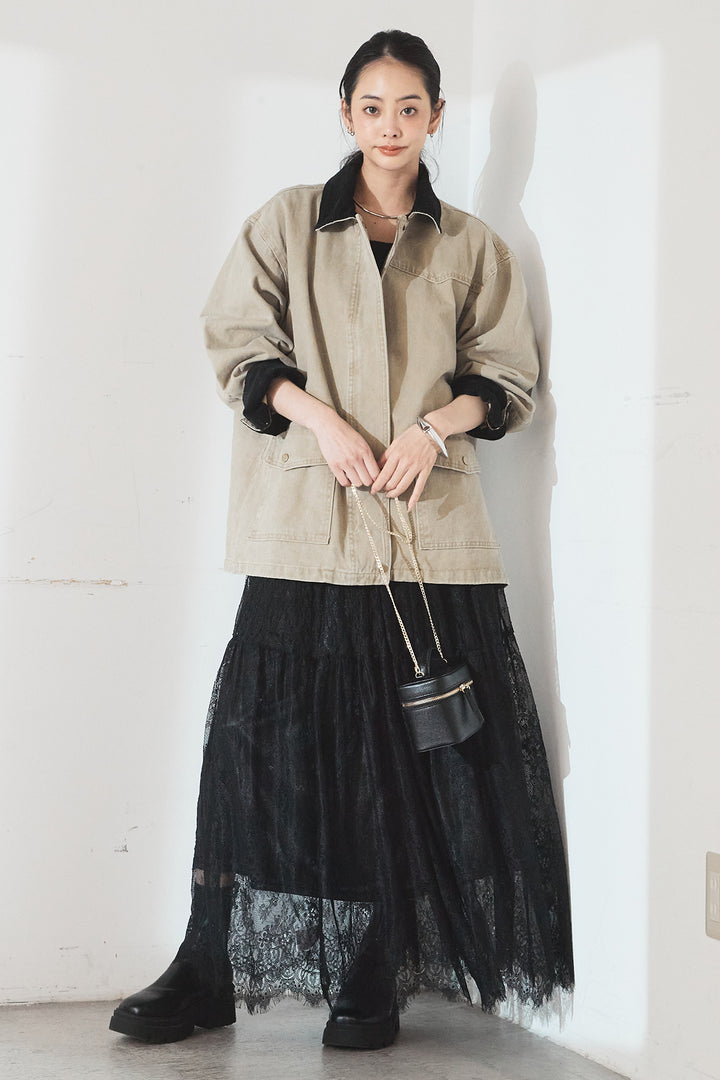 [SET]襟コーデュロイデザインデニム調カバーオール+ひげレース切替ロング丈スカート(2set)