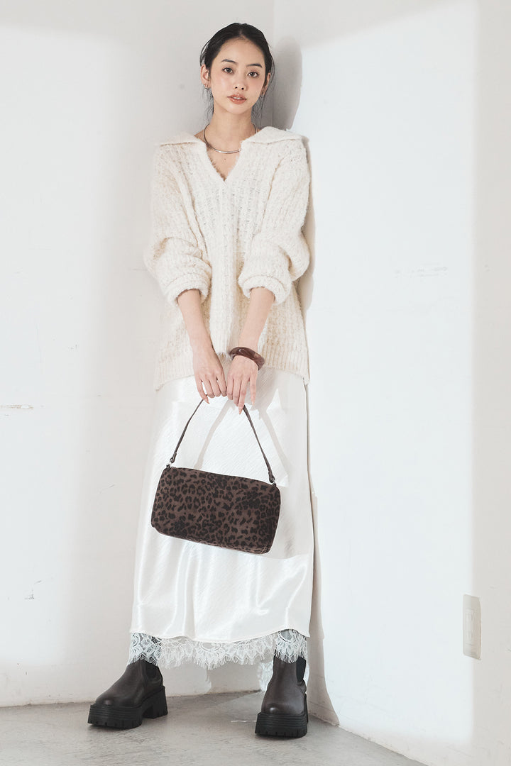 [SET]襟付きVネックニットトップス+裾レースデザインサテンスカート(2set)