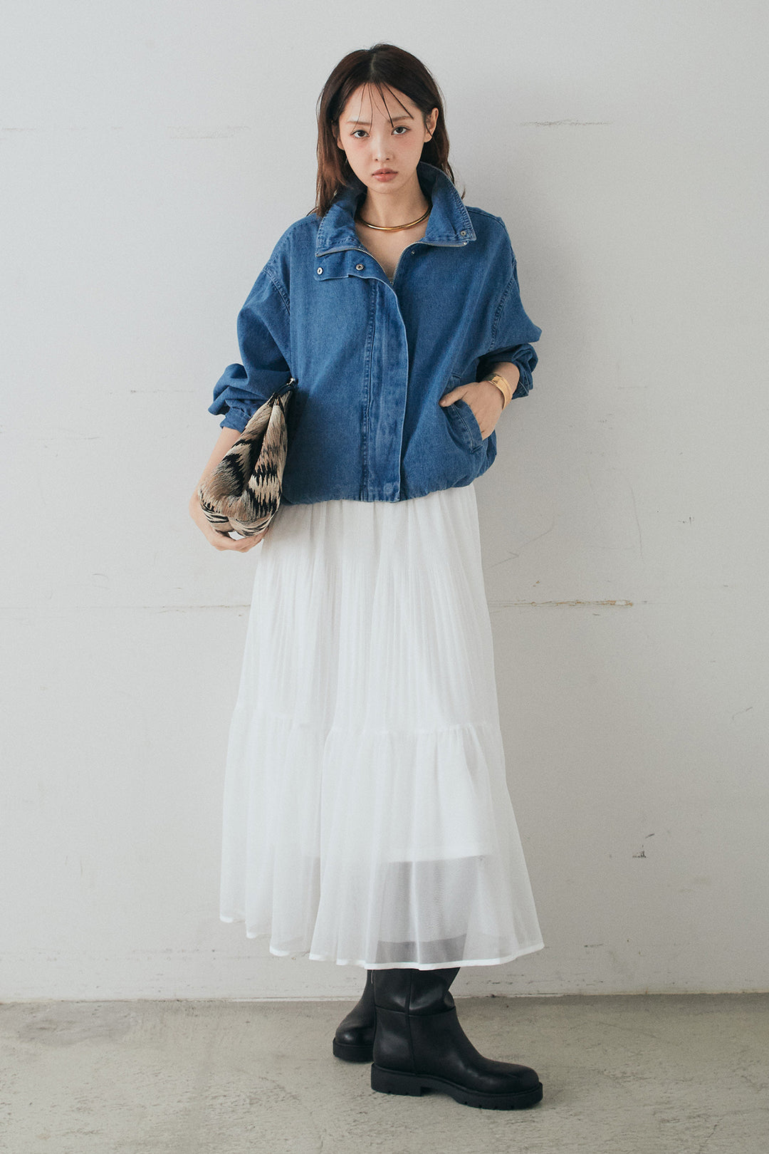 [SET]スタンドカラーデニムブルゾンジャケット+ボリュームシルエットチュールスカート(2set)
