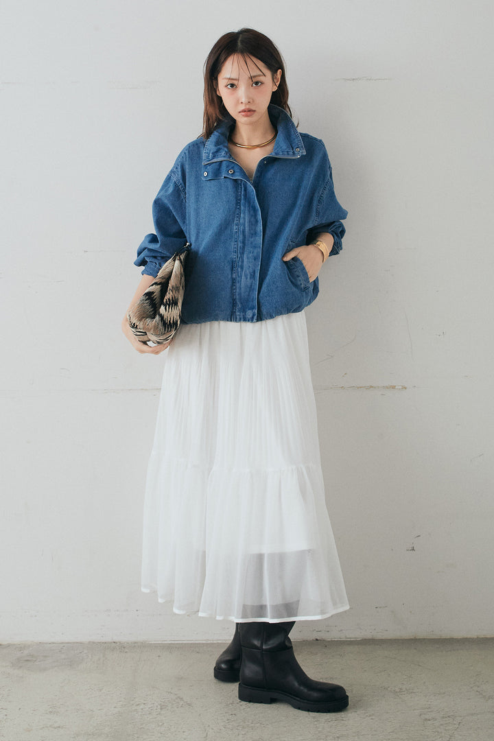 [SET]スタンドカラーデニムブルゾンジャケット+ボリュームシルエットチュールスカート(2set)