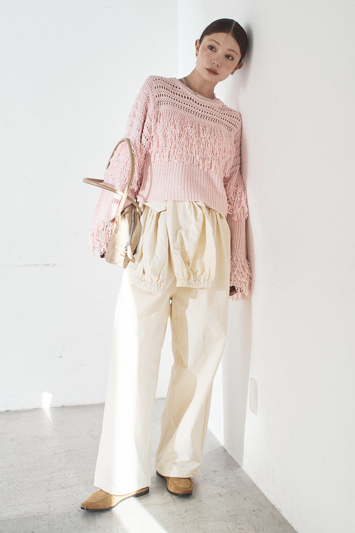 [SET]メッシュフリンジ切り替えプルオーバー+合繊ツイルスタンドウエスト巻きジョガーパンツ(2set)