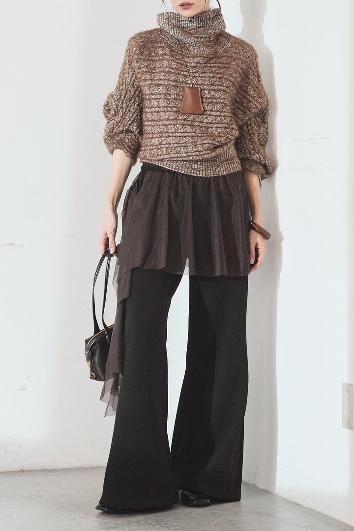 [SET]ミックス編みドルマンニットトップス+チュールレイヤードニットパンツ(2set)