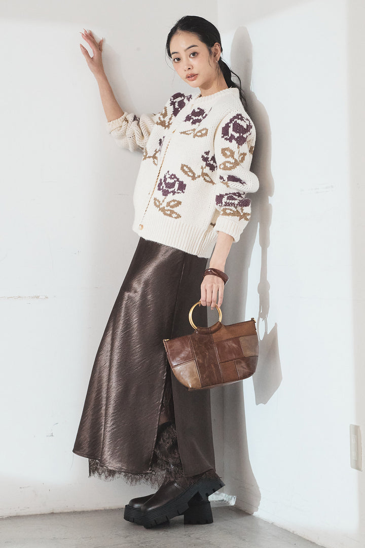 [SET]花柄ジャガードニットカーディガン+裾レースデザインサテンスカート(2set)