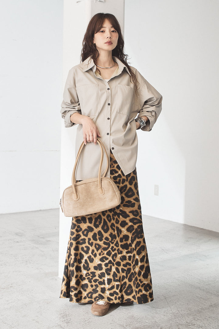 [SET]ウォッシャブルエコレザービックカフスシャツ+レオパードサテンナロースカート(2set)