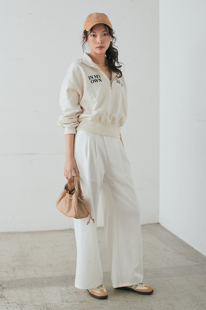 [SET]裏毛ロゴ刺繍ハーフZIPスウェット+斜めボタンタック入りスラックス(2set)