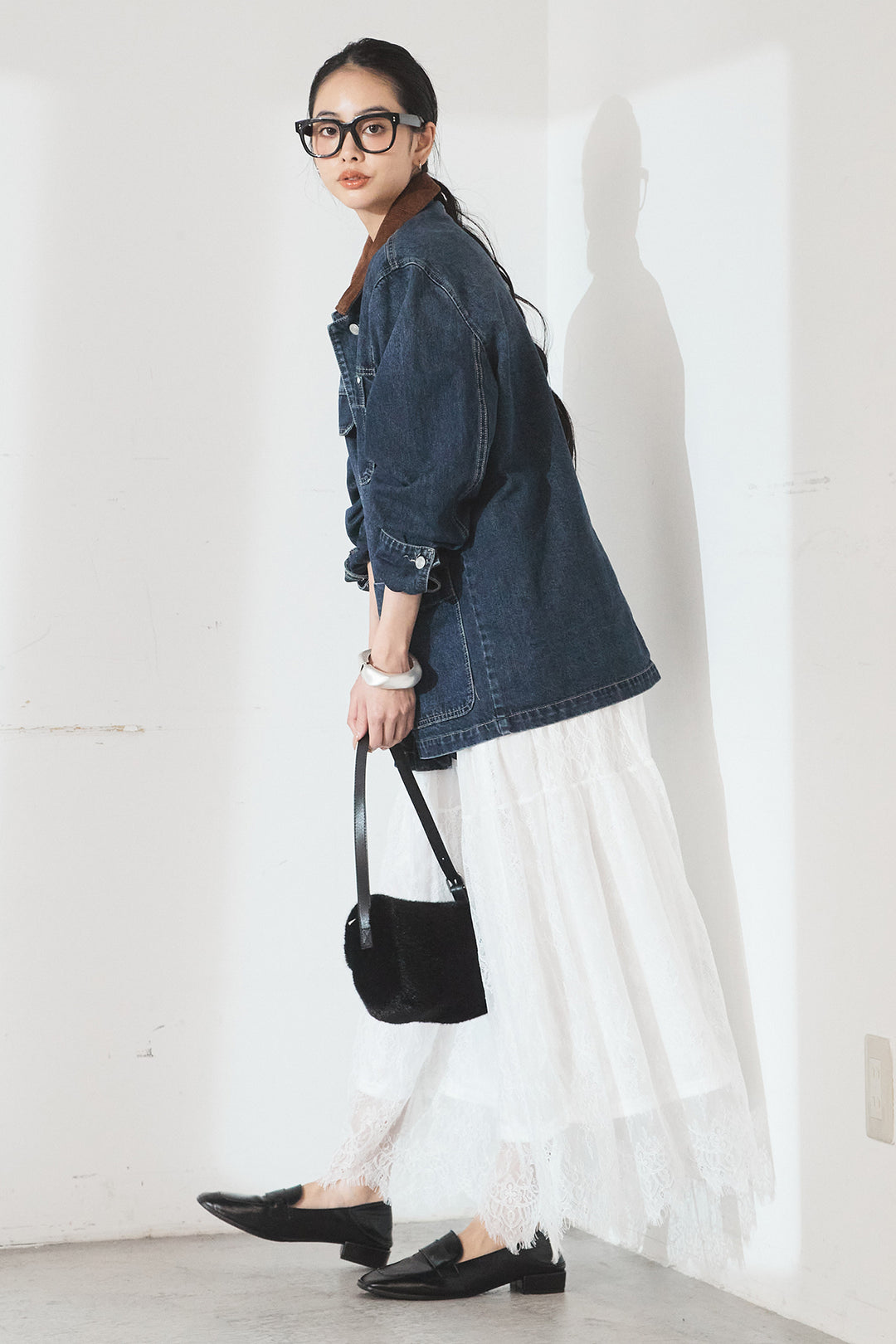 [SET]襟コーデュロイデニムカバーオール+ひげレース切替ロング丈スカート(2set)