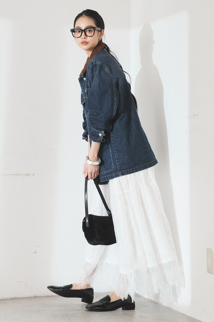 [SET]襟コーデュロイデニムカバーオール+ひげレース切替ロング丈スカート(2set)