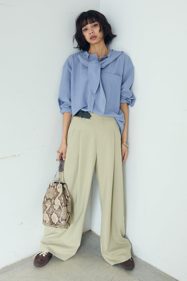 [SET]無地タイ付フーディーBIGシャツ+サイドベルトタック入りスラックス(2set)