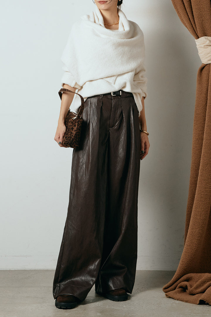 [SET]ネック巻きデザインニットトップス+ベルト付きレザーライクタックパンツ(2set)