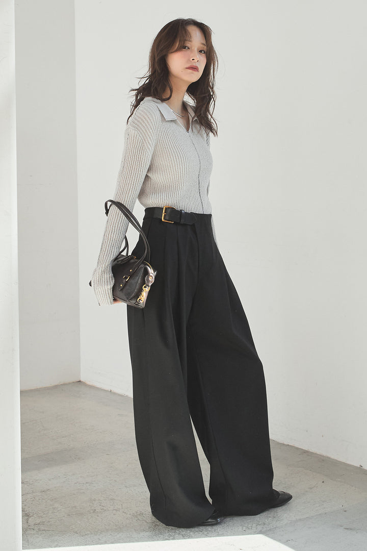 [SET]衿付きニットプルオーバー+サイドベルトタック入りスラックス(2set)