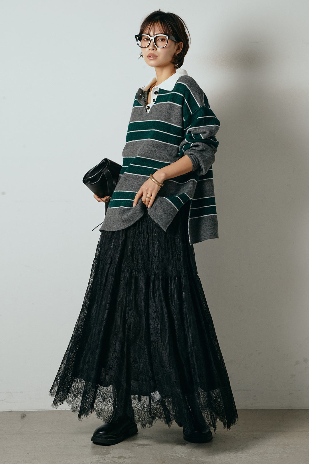 [SET]ラガーニットボーダーポロプルオーバー+ひげレース切替ロング丈スカート(2set)