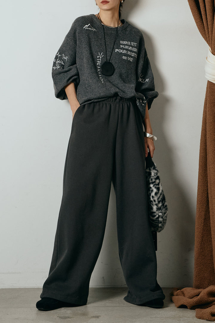 [SET]刺繍ロゴランダムデザインニットトップス+裏起毛スウェットワイドパンツ(2set)