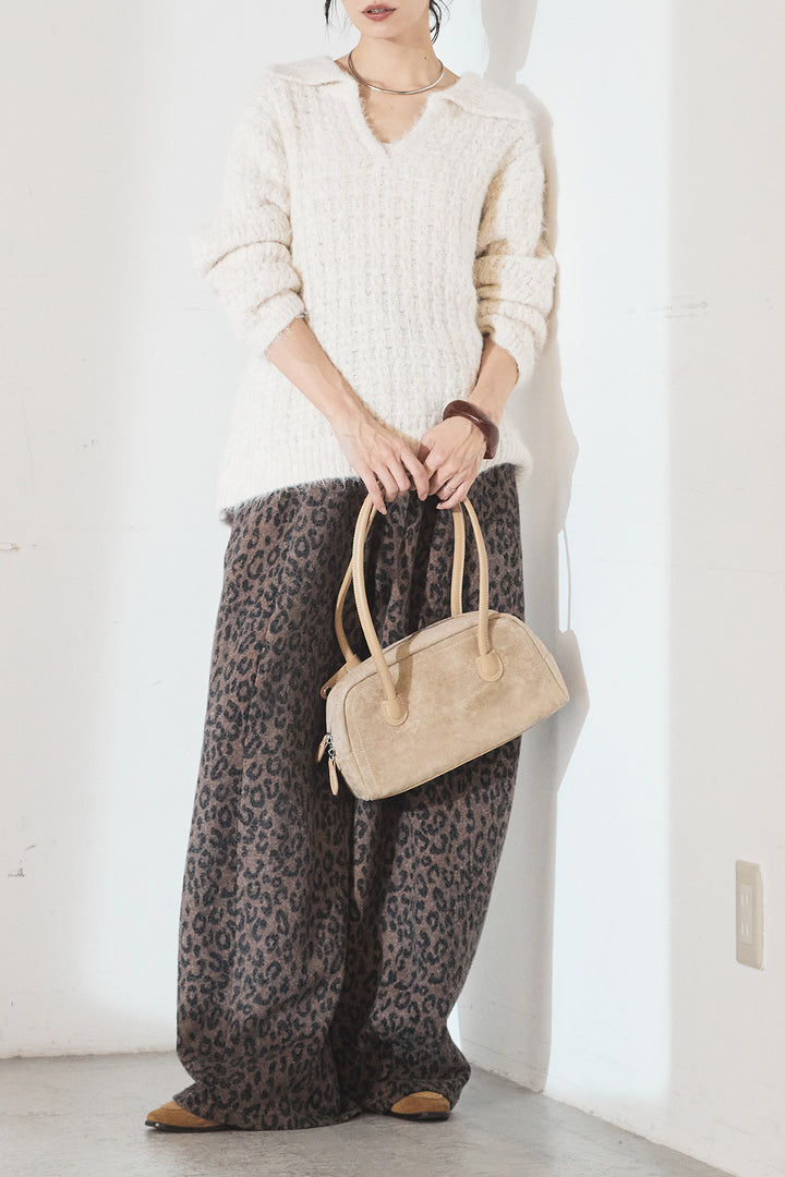 [SET]襟付きVネックニットトップス+リラックスレオパード柄ワイドパンツ(2set)