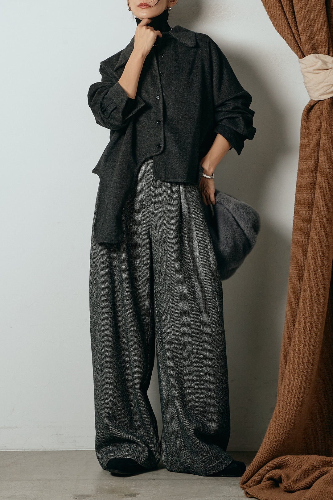 [SET]裾アシンメトリーデザインシャツ+タックツイードワイドパンツ(2set)