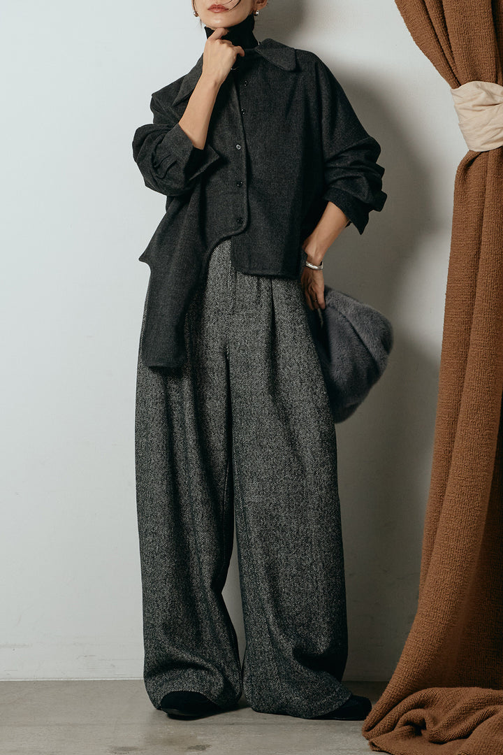 [SET]裾アシンメトリーデザインシャツ+タックツイードワイドパンツ+リブニットシームレスタートルプルオーバー(3set)