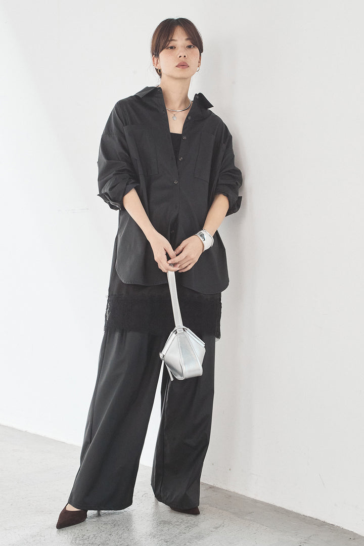 [SET]ウォッシャブルエコレザービックカフスシャツ+ウォッシャブルエコレザータックパンツ(2set)