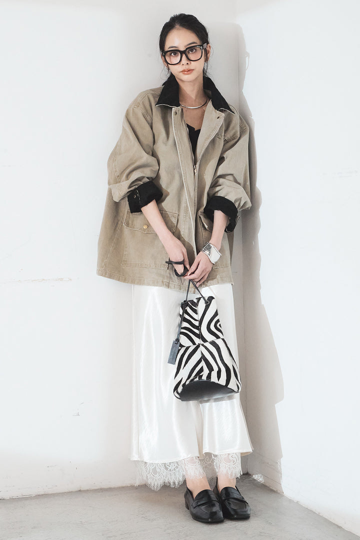 [SET]襟コーデュロイデザインデニム調カバーオール+裾レースデザインサテンスカート(2set)