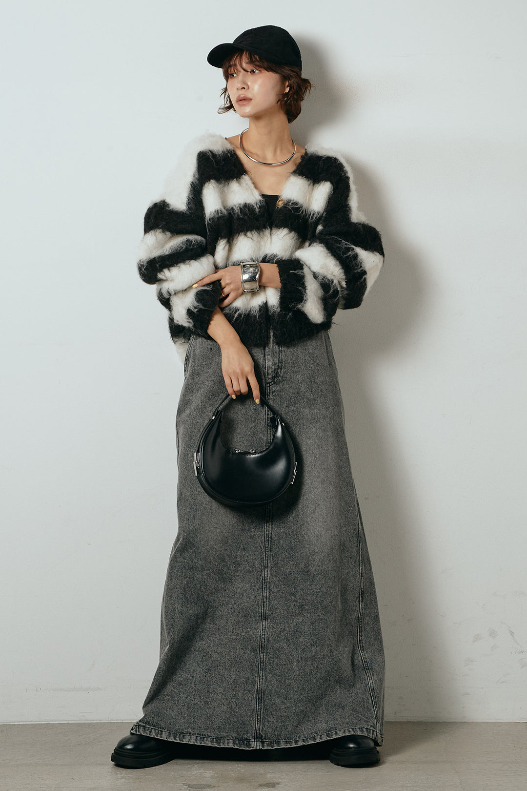 [SET]シャギーボーダー柄ニットカーディガン+デニムロングフレアスカート(2set)