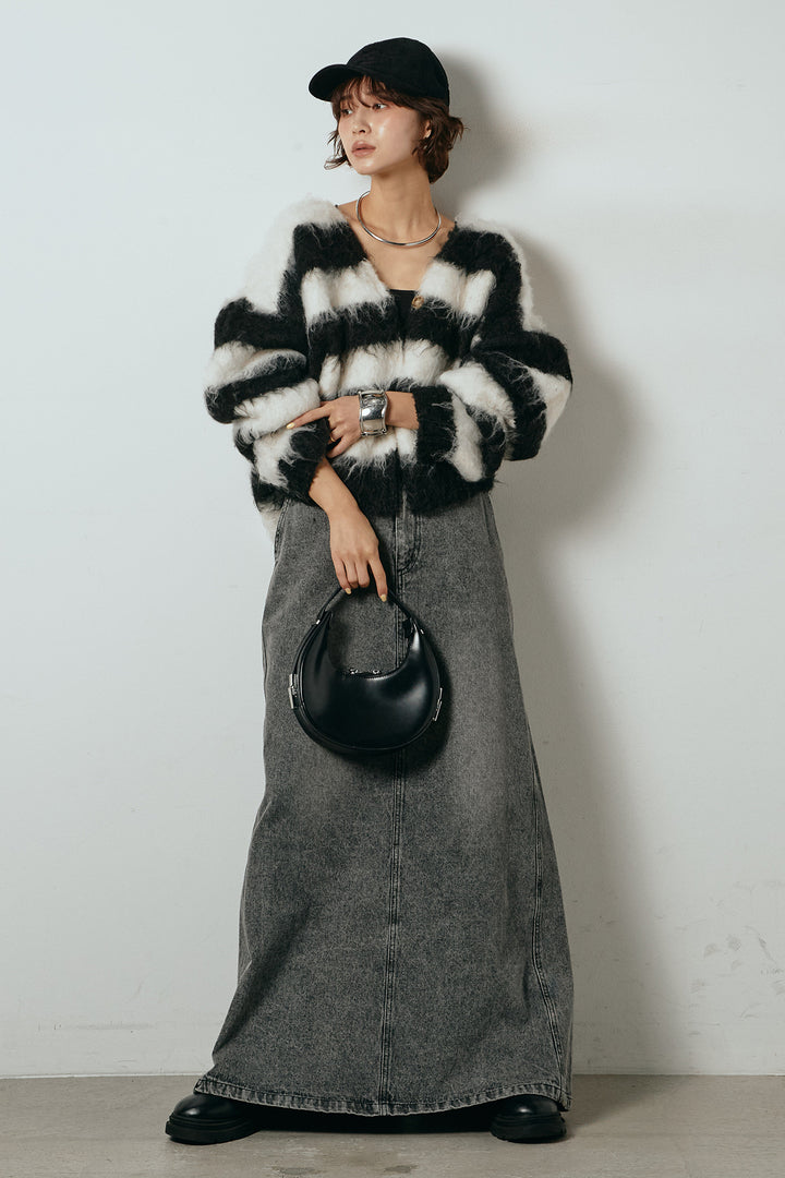 [SET]シャギーボーダー柄ニットカーディガン+デニムロングフレアスカート(2set)