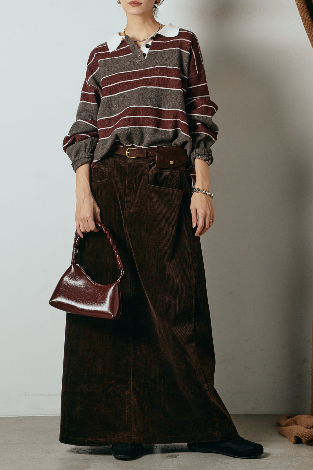 [SET]ラガーニットボーダーポロプルオーバー+ポーチベルト付きコーデュロイワイドスカート(2set)
