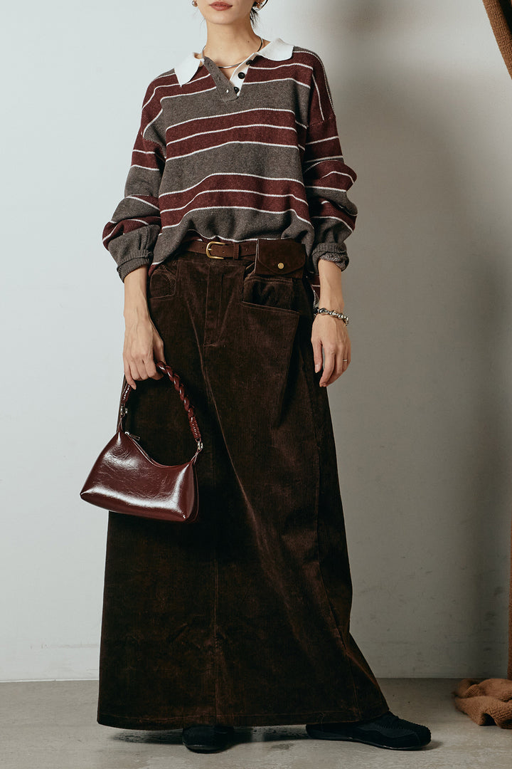 [SET]ラガーニットボーダーポロプルオーバー+ポーチベルト付きコーデュロイワイドスカート(2set)