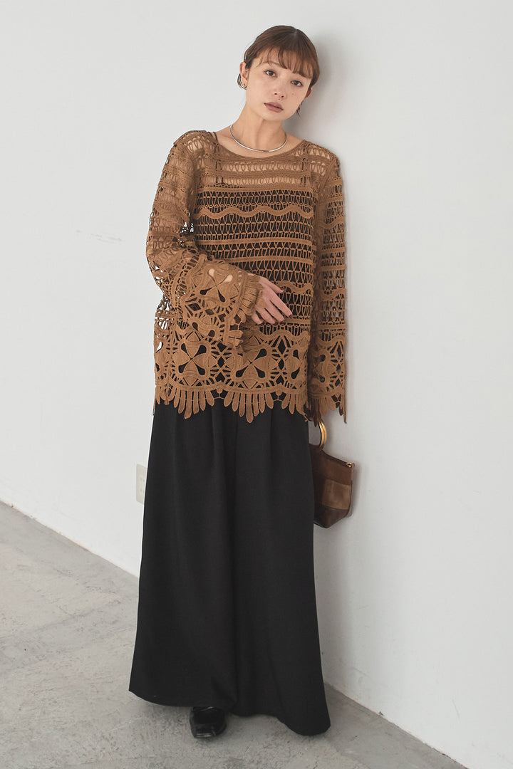 [SET]裾デザインメッシュプルオーバー+ベルト付きツータックワイドパンツ(2set)