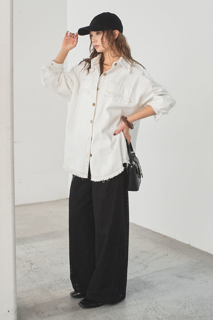 [SET]フリンジデニムジャケット+ダイヤ柄レースロングイージーパンツ(2set)