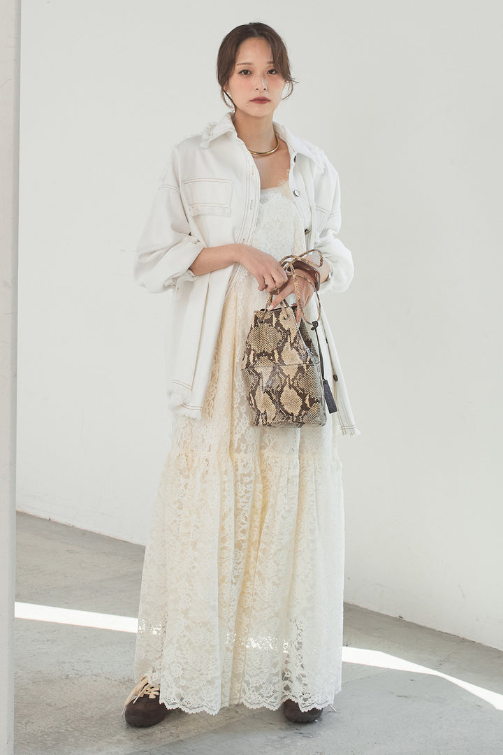 [SET]フリンジデニムジャケット+レース刺繍フレアキャミワンピース(2set)