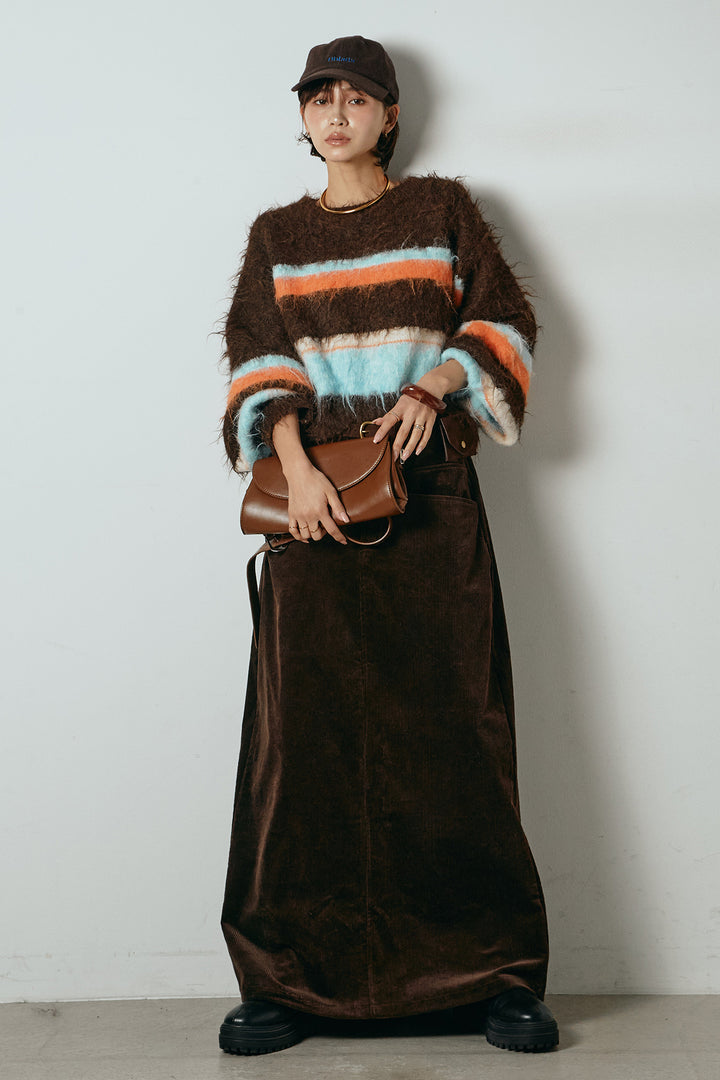 [SET]起毛配色マルチボーダーニットトップス+ポーチベルト付きコーデュロイワイドスカート(2set)