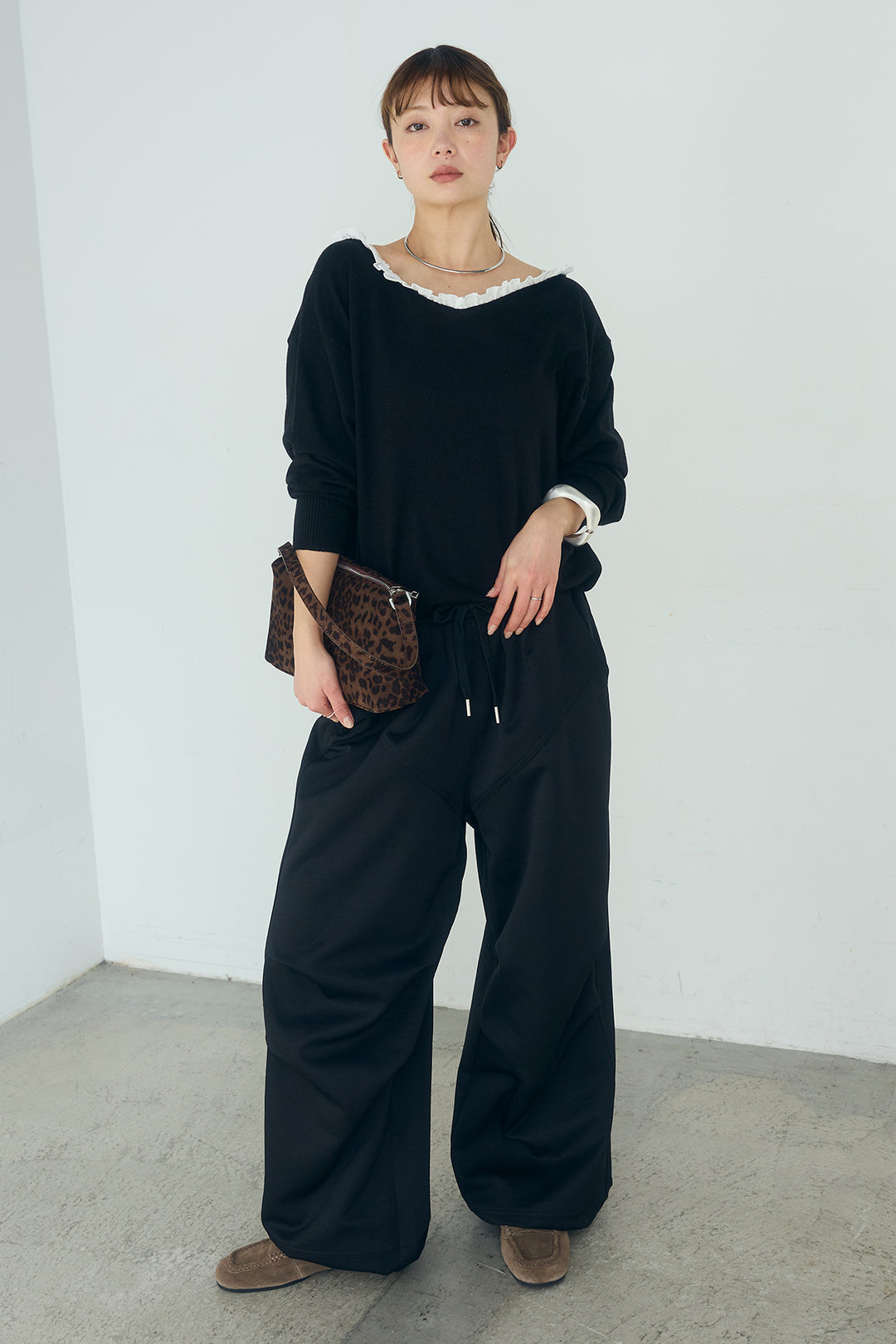 [SET]クールクール異素材コンビオフショルプルオーバー+ランダムタックデザインワイドパンツ(2set)