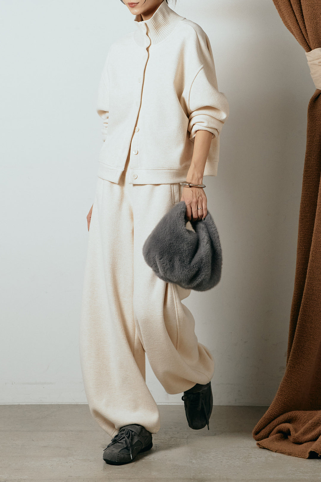 [SET]リブスタンドネックボタントップスSETUP