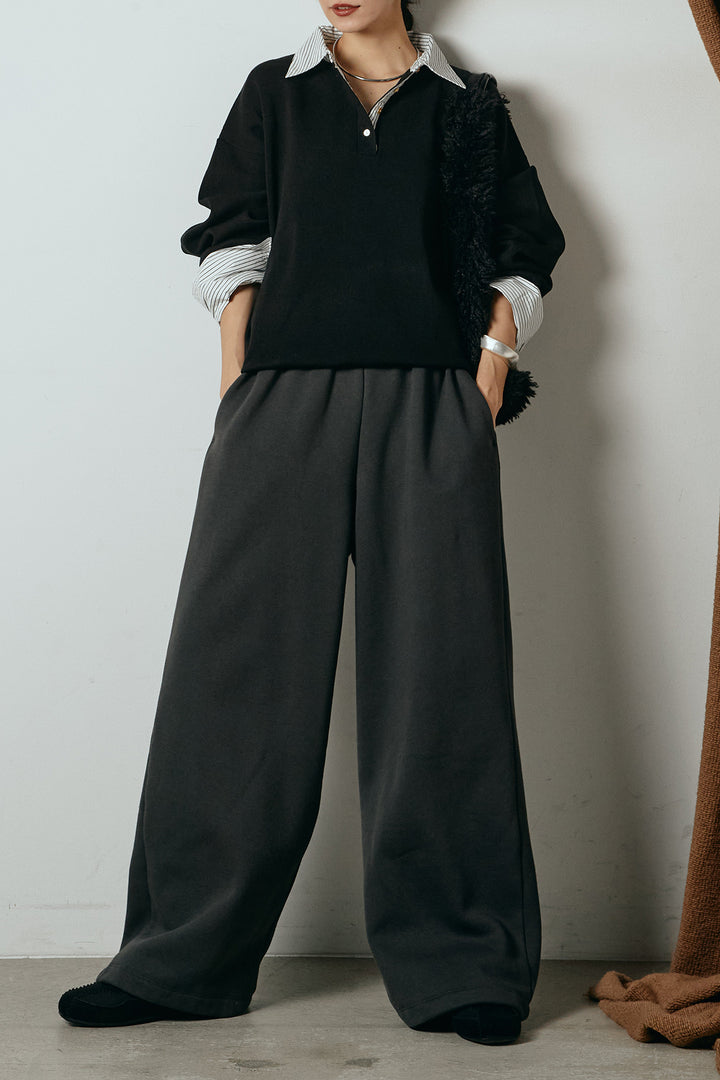 [SET]ストライプシャツドッキングポロトップス+裏起毛スウェットワイドパンツ(2set)