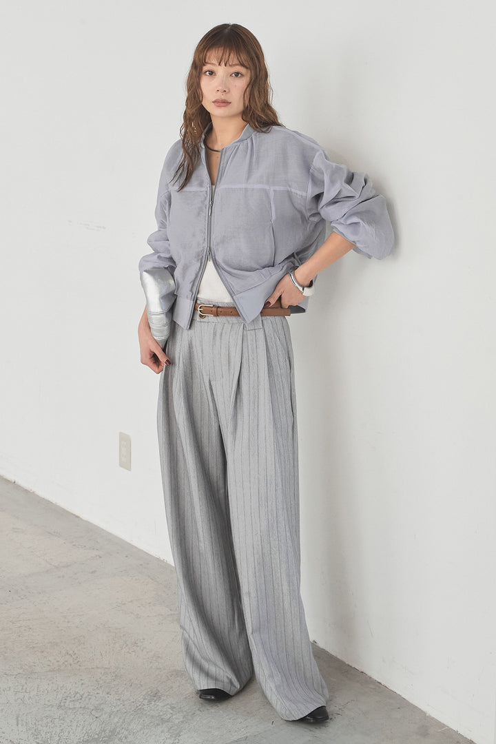 [SET]シアー×ポンチブルゾン+細ベルト付きピンストライプワイドパンツ(2set)