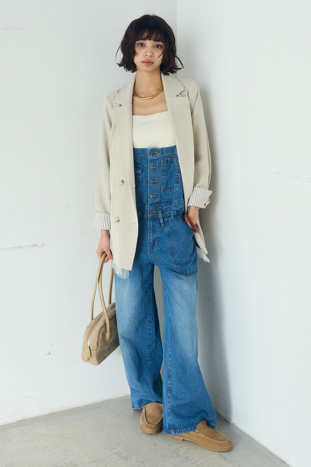 [SET]裾フリルダブルジャケット+デニムサロペットワイドパンツ(2set)