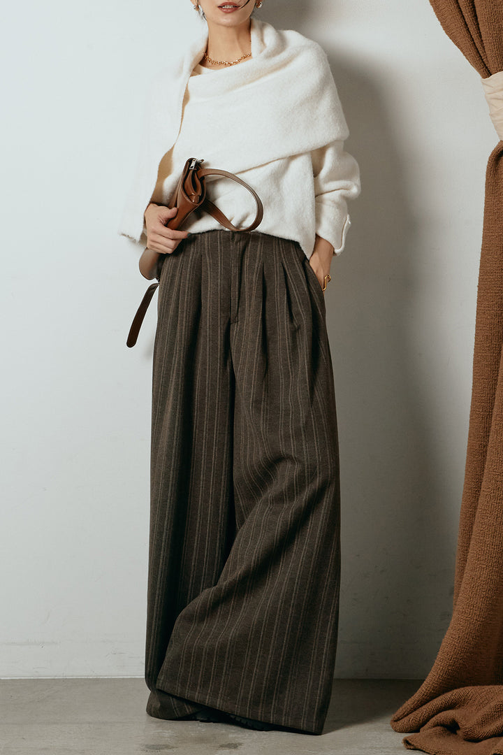 [SET]ネック巻きデザインニットトップス+タック入りマルチストライプ柄ワイドパンツ(2set)