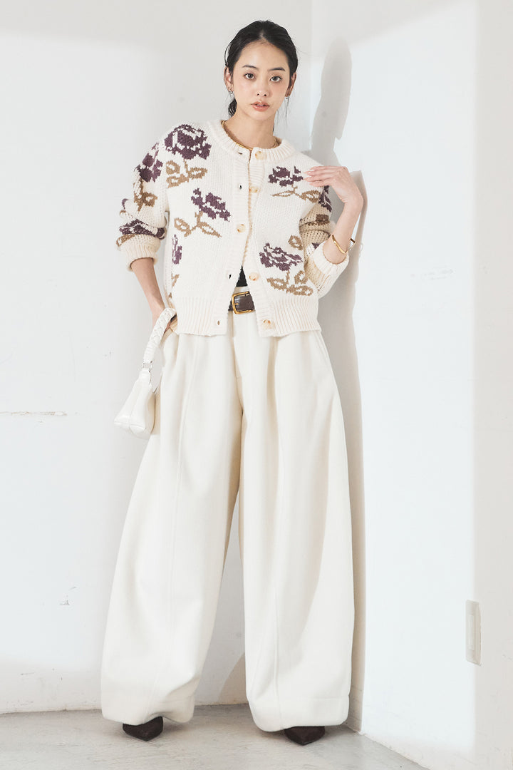 [SET]花柄ジャガードニットカーディガン+ウールタッチカーブワイドパンツ(2set)