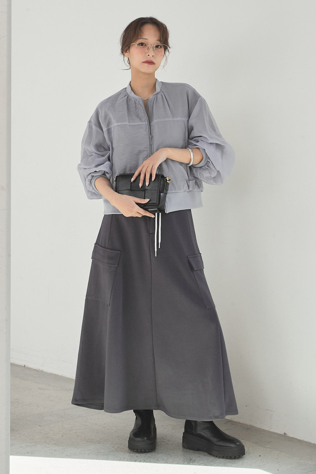 [SET]シアー×ポンチブルゾン+リラックススウェットスカート(2set)