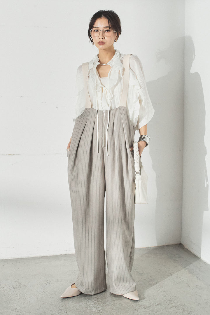 [SET]フロントリボンフリルブラウス+ピンストライプツータックサロペット(2set)