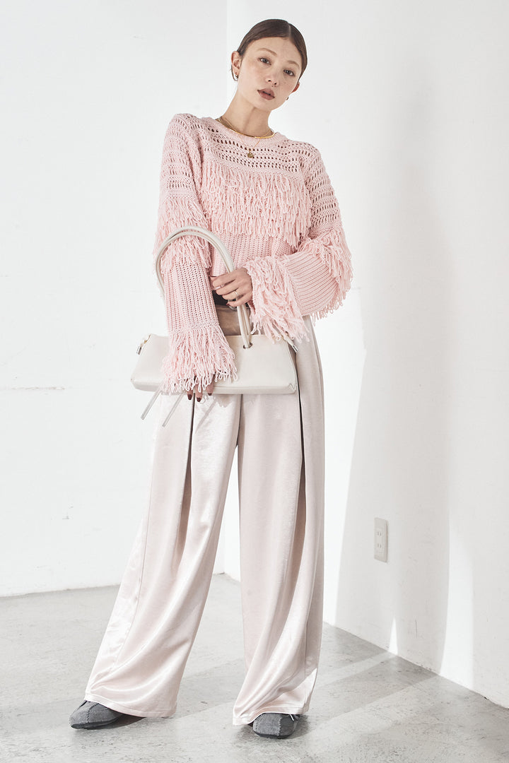 [SET]メッシュフリンジ切り替えプルオーバー+サテンタックワイドパンツ(2set)
