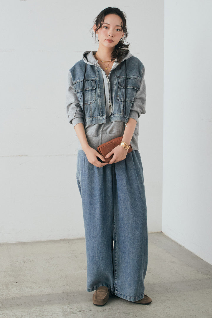 [SET]デニム切替ポンチダブルジップパーカー+テンセルデニムイージーワイドパンツ(2set)