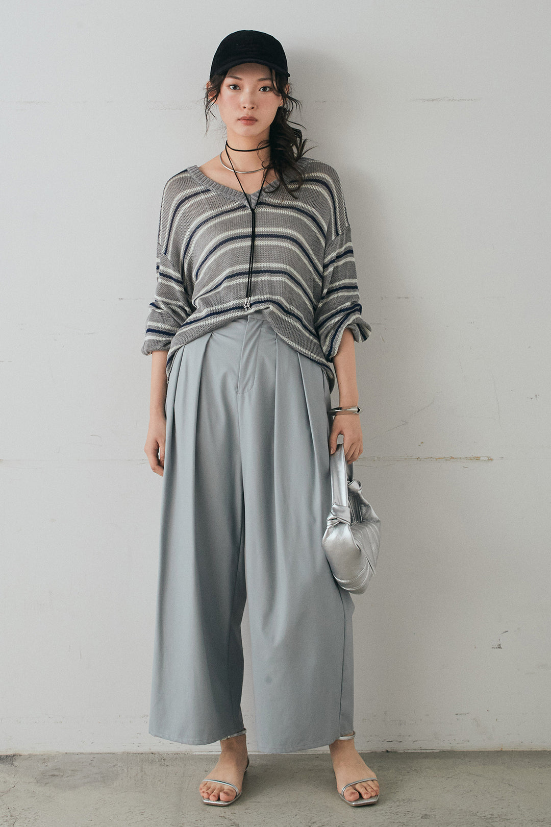 [SET]綿タッチVネックボーダートップス+ウォッシャブルエコレザータックパンツ(2set)