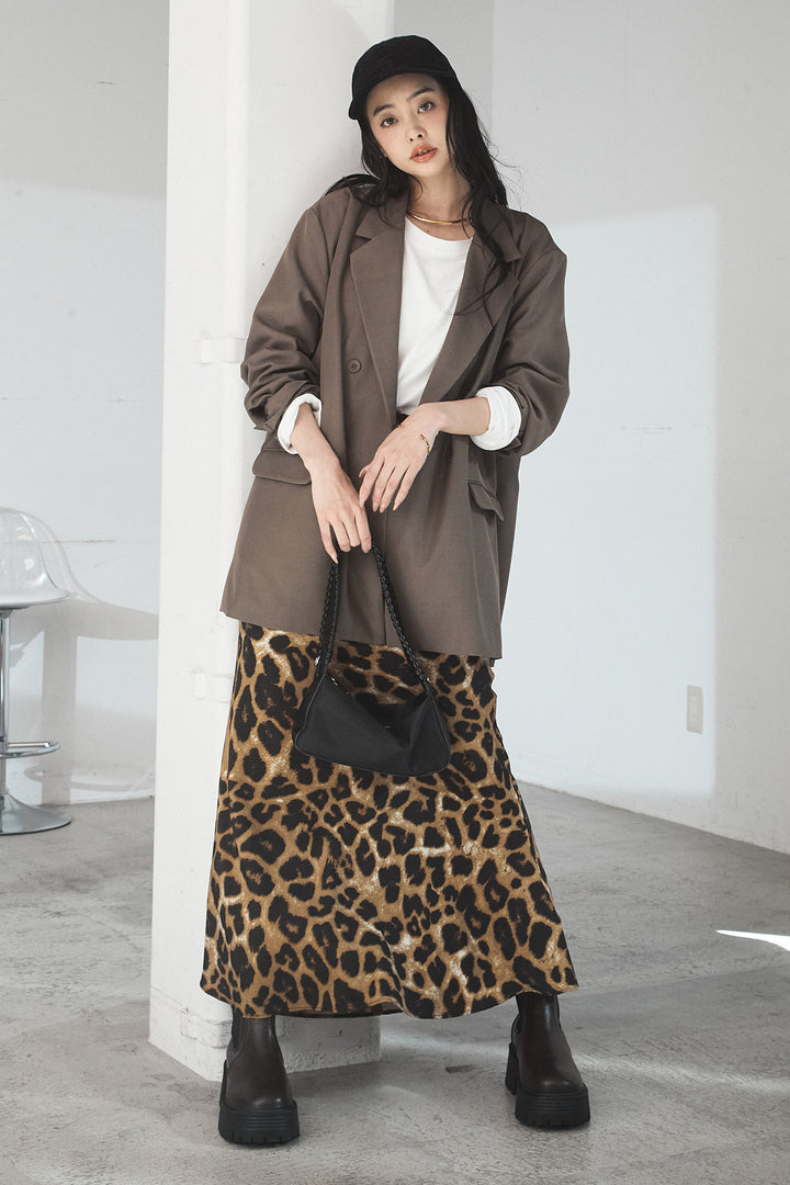 [SET]ルーズシルエットダブルテーラードジャケット+ストレッチロングTシャツ+レオパードサテンナロースカート(3set)