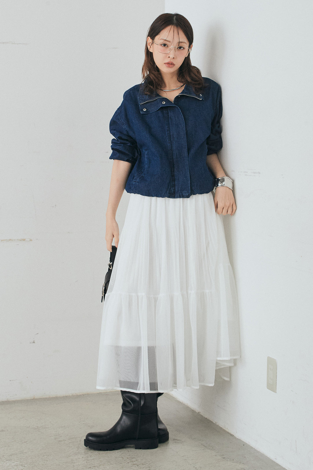 [SET]スタンドカラーデニムブルゾンジャケット+ボリュームシルエットチュールスカート(2set)