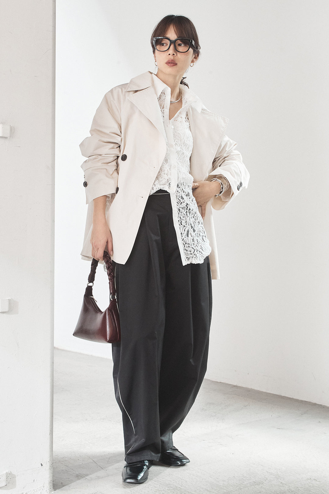 [SET]ナイロントレンチコート+合繊ツイルパイピングタックカーブパンツ(2set)