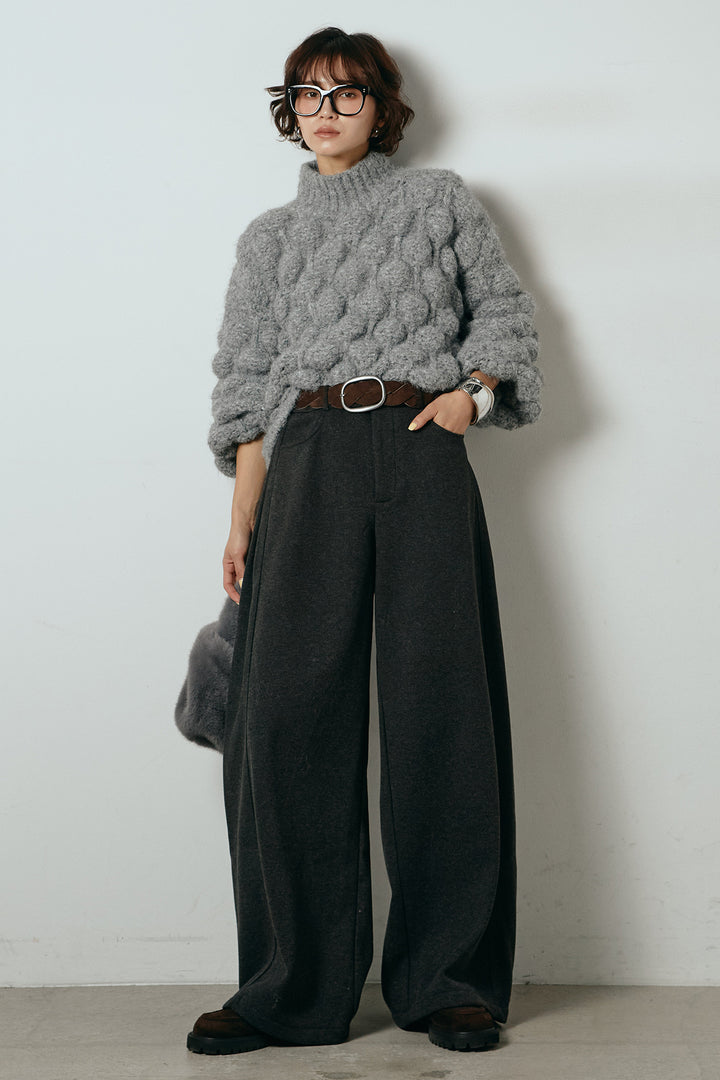 [SET]ボリュームポップコーンニットトップス+編みベルト付きワイドパンツ(2set)