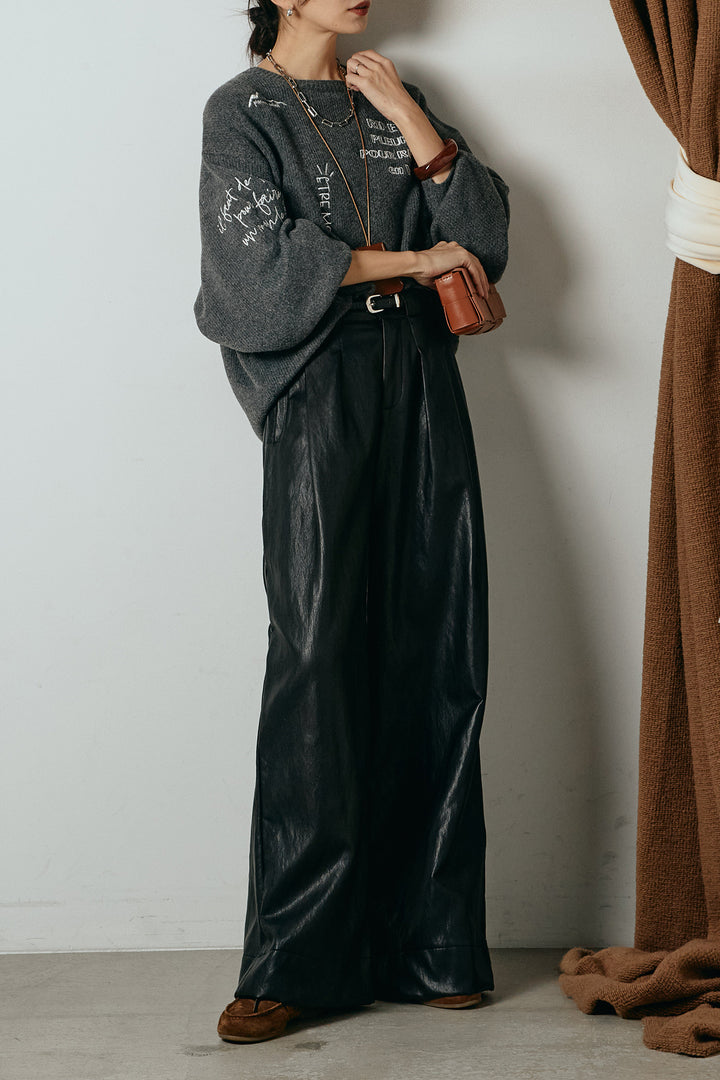 [SET]刺繍ロゴランダムデザインニットトップス+ベルト付きレザーライクタックパンツ(2set)