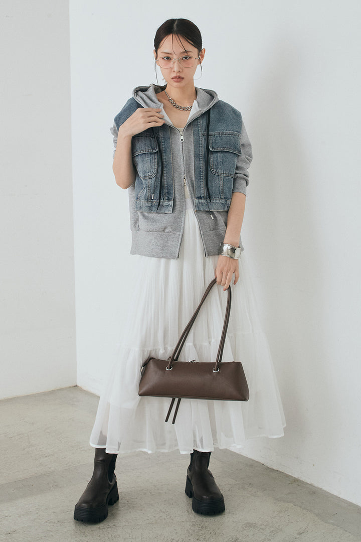 [SET]デニム切替ポンチダブルジップパーカー+ボリュームシルエットチュールスカート(2set)